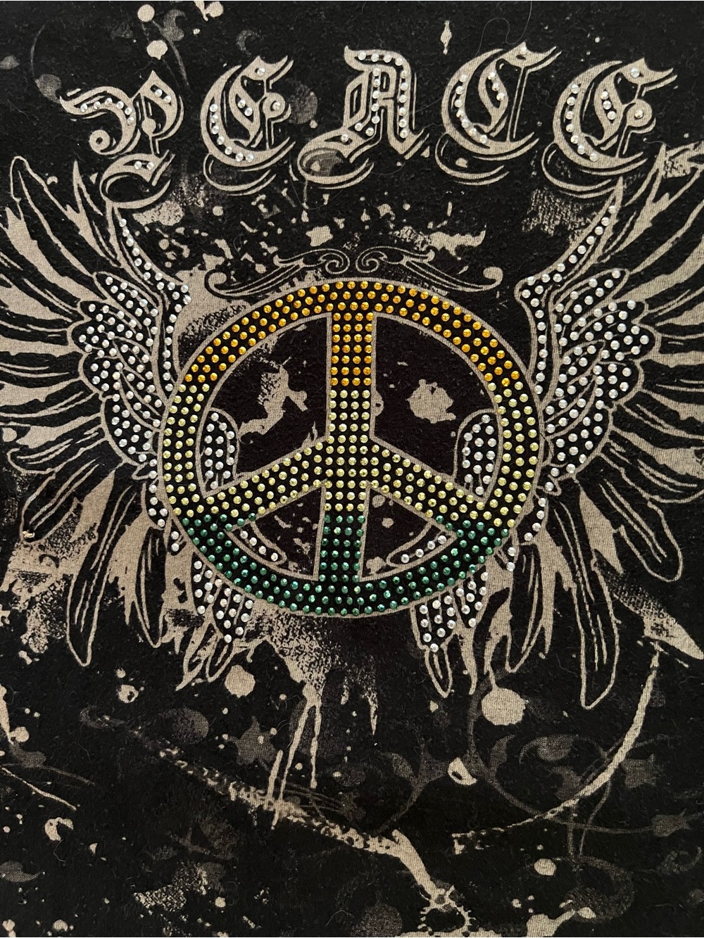 Peace Big Bling Winged Rhinestone Women Tee Size Small Multicolor